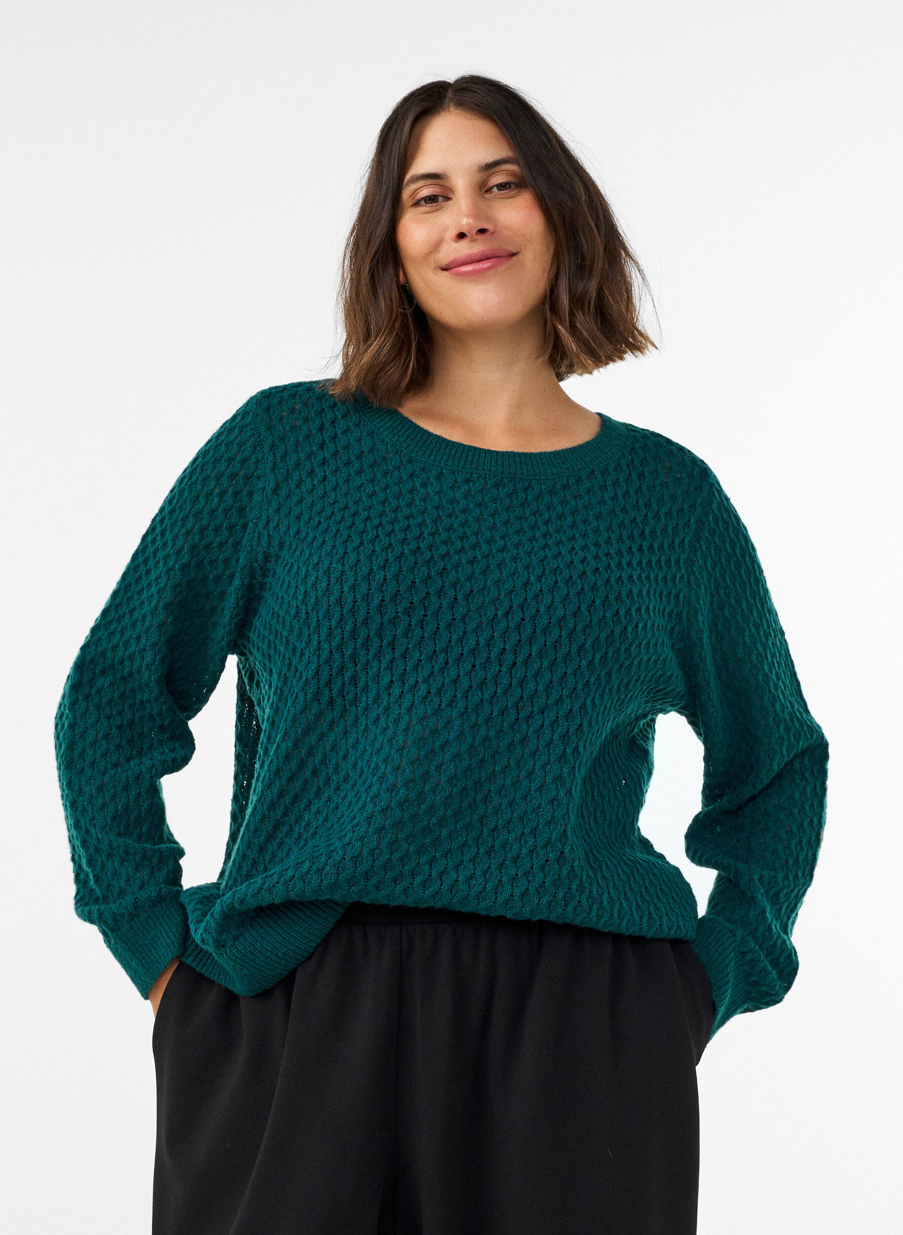 Strikbluse med struktureret hulm&oslash;nster, Gr&oslash;n, Model