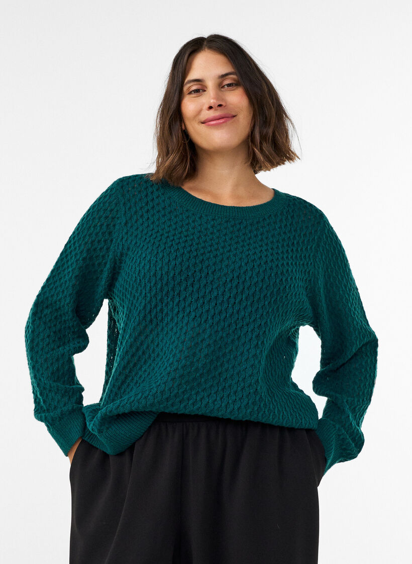 Strikbluse med struktureret hulm&oslash;nster, Gr&oslash;n, Model image number 0