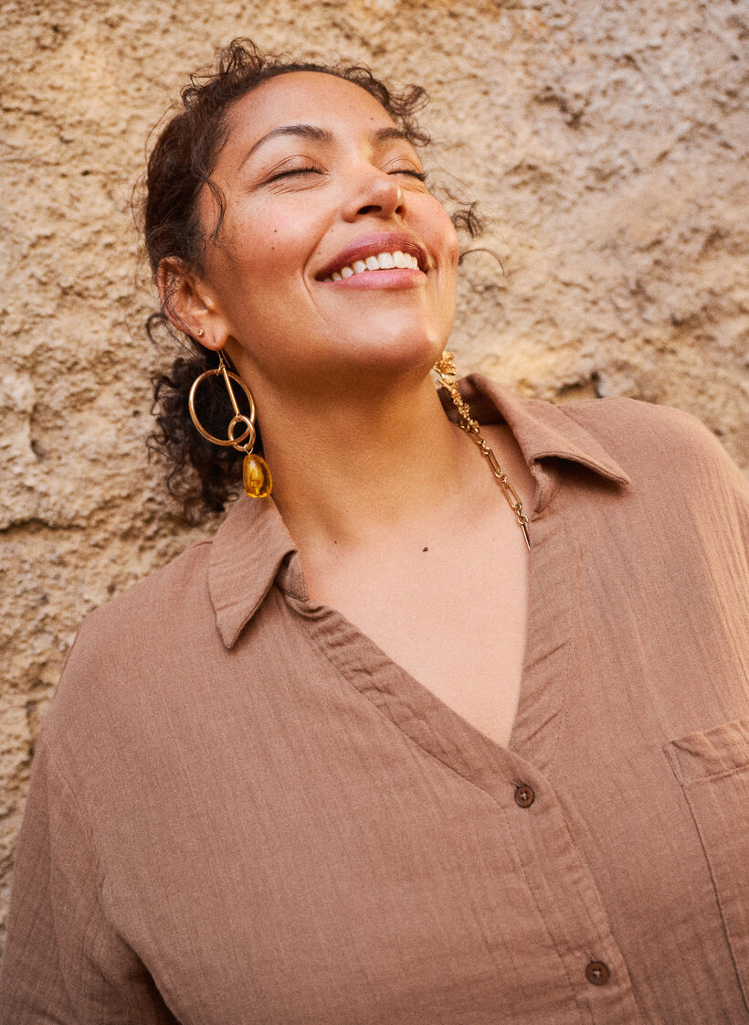 Skjortebluse i bomuldsmusselin med korte &aelig;rmer, Brun, Image