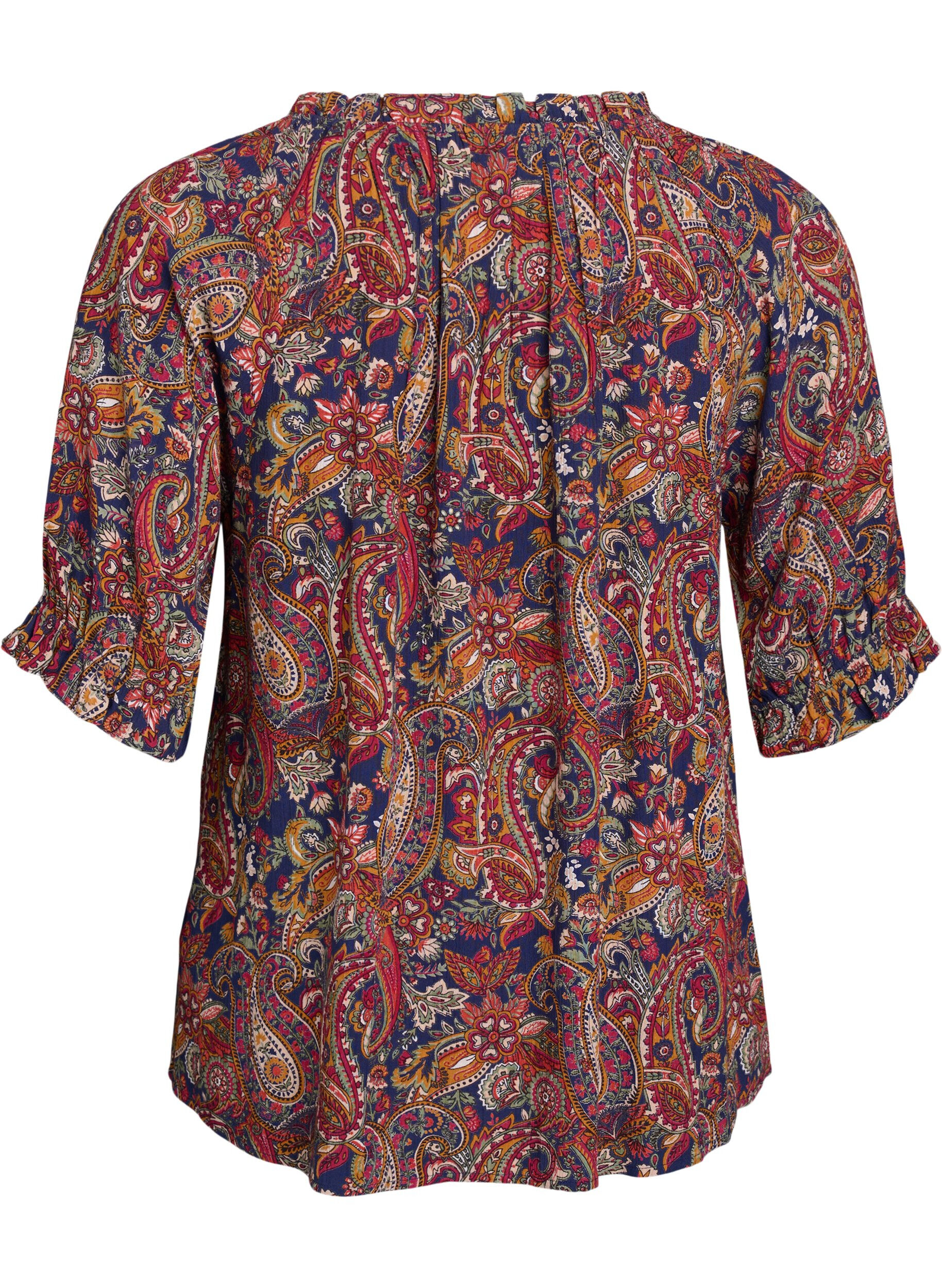ZizziViskosebluse med paisleyprint og halvlange &aelig;rmer, Bl&aring;, Packshot image number 1