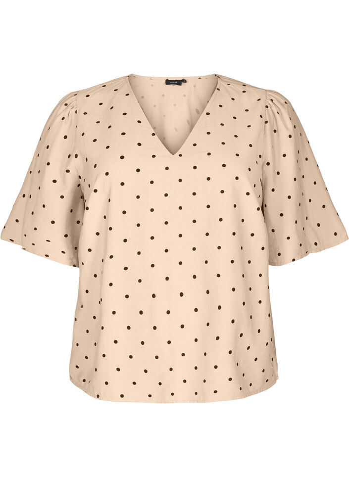 Bluse med løse ærmer og v-hals, Beige, Packshot image number 0