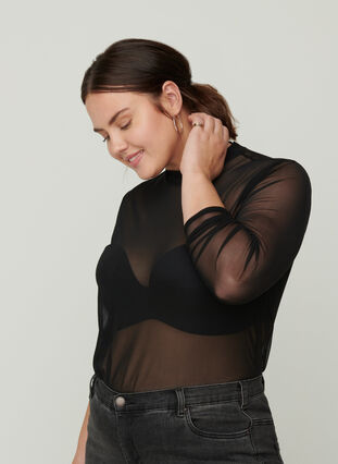 Tætsiddende mesh bluse med høj hals, Black, Model image number 0