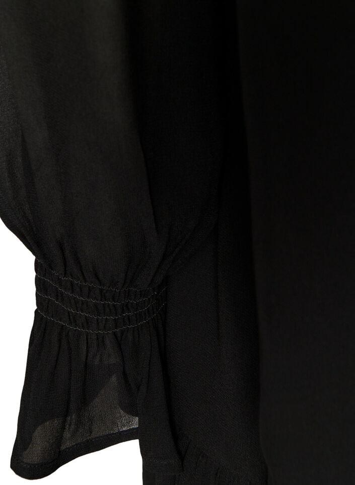 Viskosekjole med fl&aelig;ser og transparente &aelig;rmer, Sort, Packshot image number 3