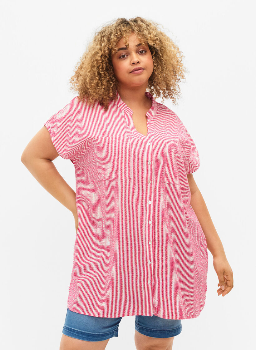 Kortærmet bomuldsskjorte med striber, Beetroot P. Stripe, Model image number 0