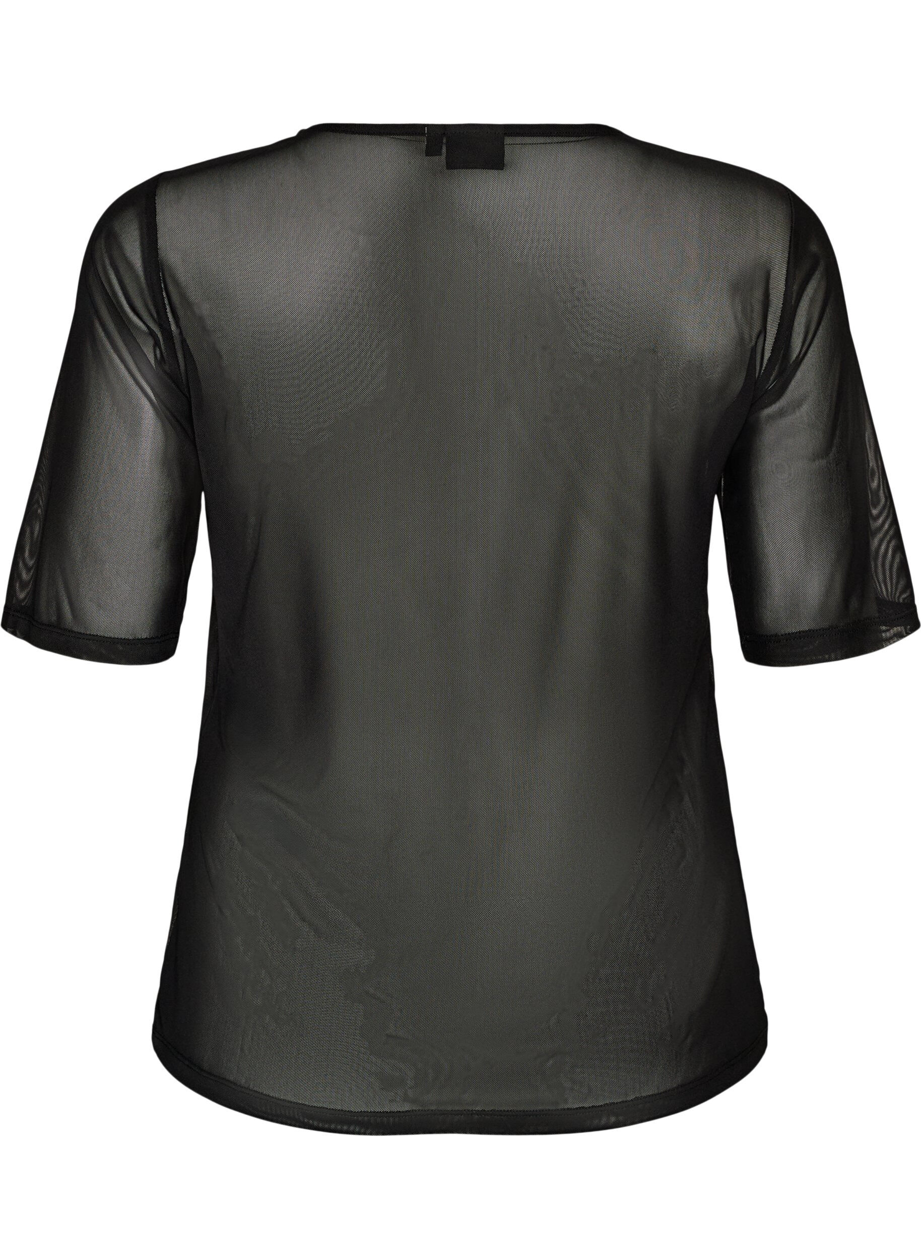 ZizziMeshbluse med korte &aelig;rmer og rund hals, Sort, Packshot image number 1