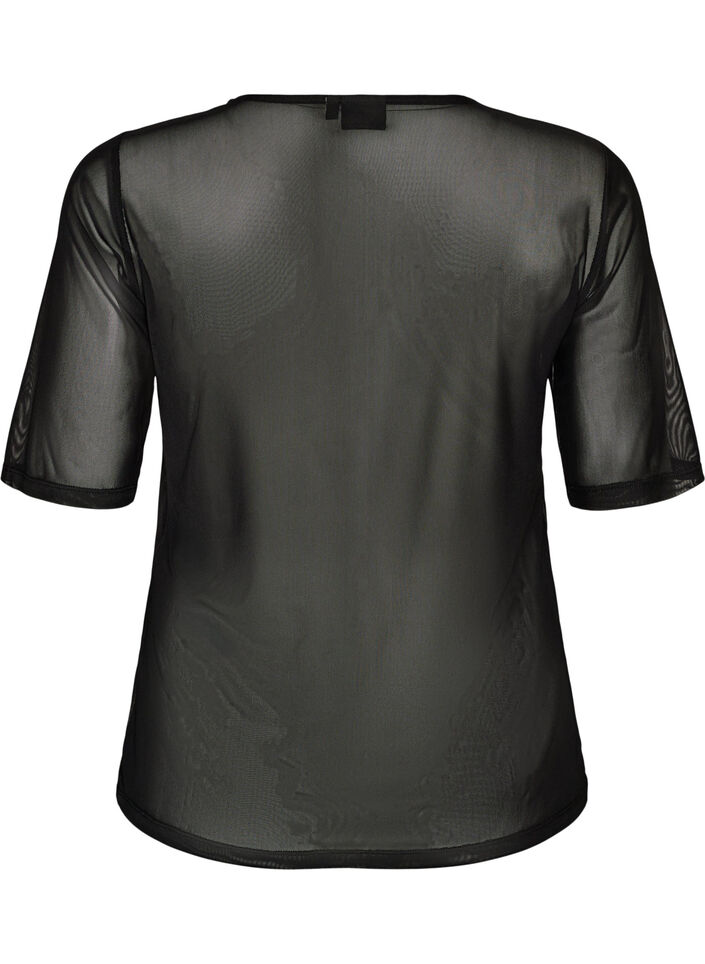 Meshbluse med korte &aelig;rmer og rund hals, Sort, Packshot image number 1