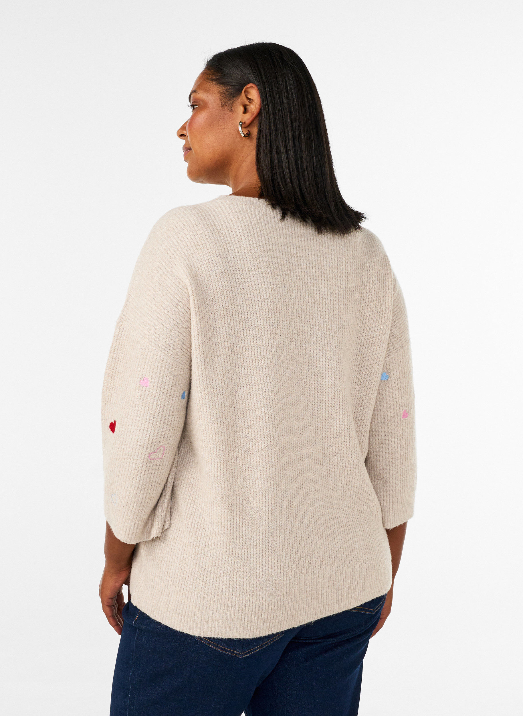ZizziStrikbluse med hjerter og 3/4 &aelig;rmer, Beige, Model image number 2