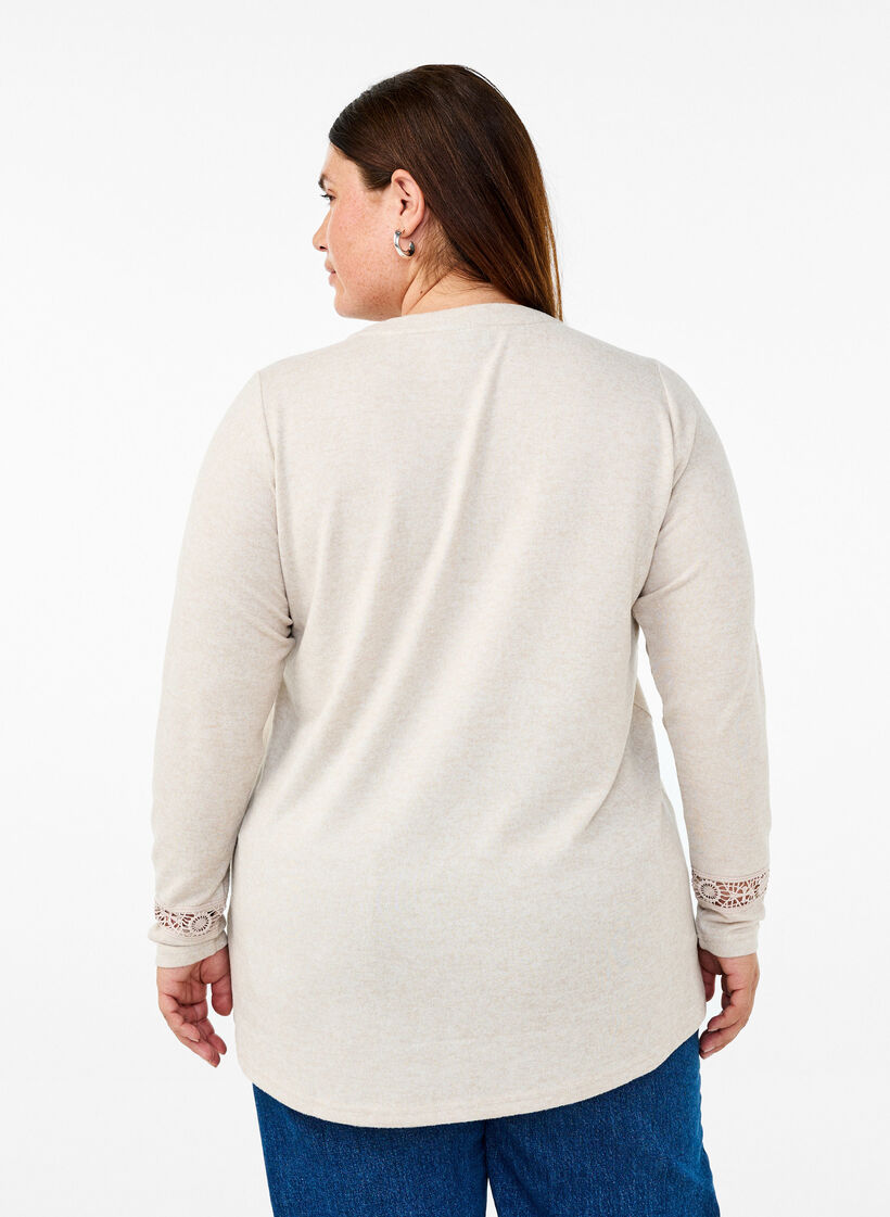Bluse med broderidetaljer og lange ærmer, Beige, Model image number 2