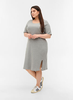 Kortærmet kjole i ribkvalitet, Light Grey Melange, Model image number 2