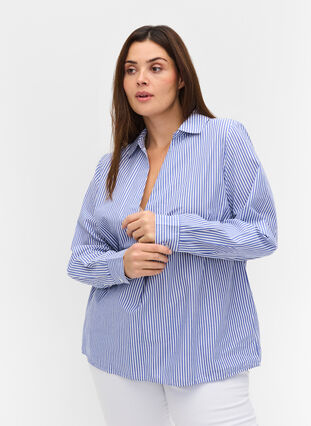 Stribet skjorte i økologisk bomuld, Dazzling Blue Stripe, Model image number 0
