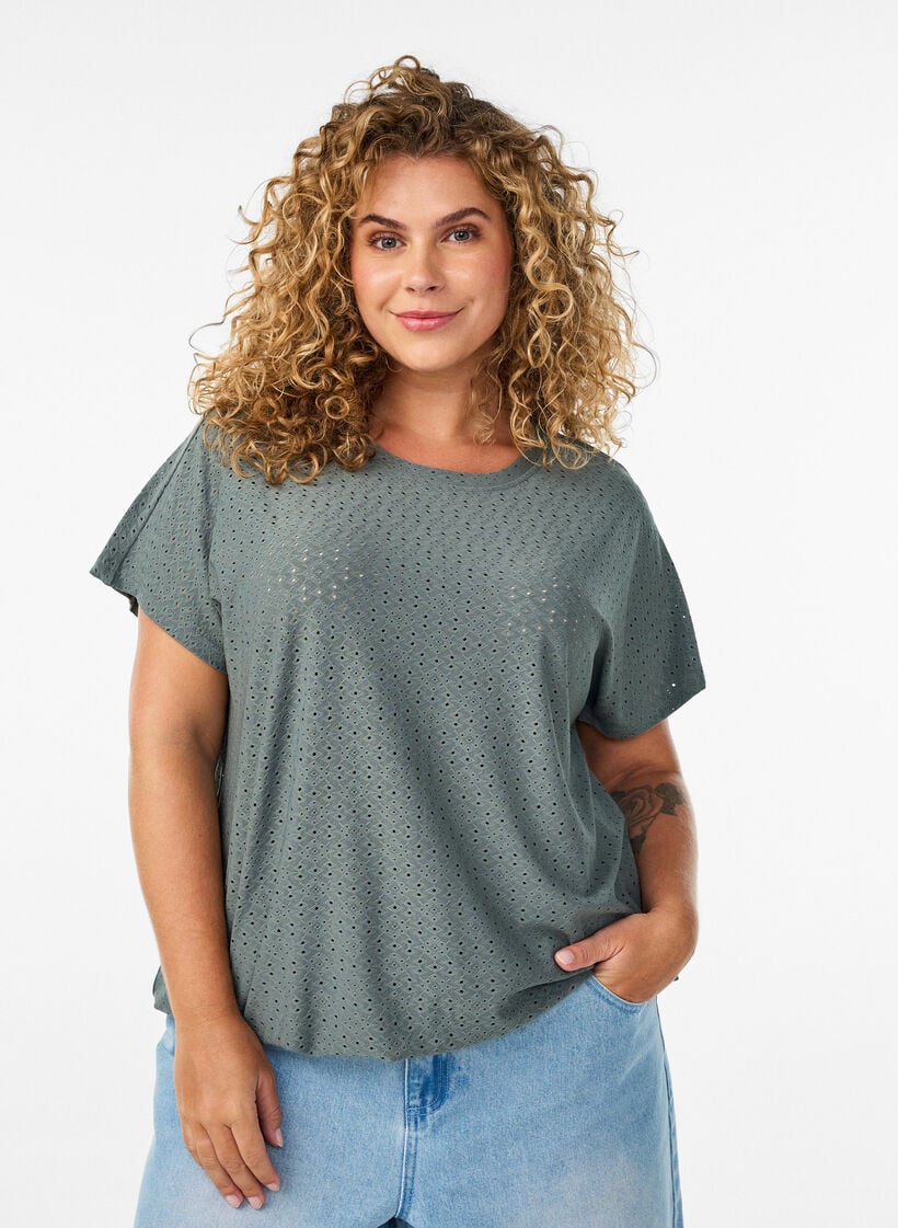 Bluse med hulm&oslash;nster og ballon-effekt, Gr&oslash;n, Model image number 0