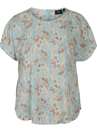 Bluse med korte ærmer, Light Blue Paisley , Packshot image number 0