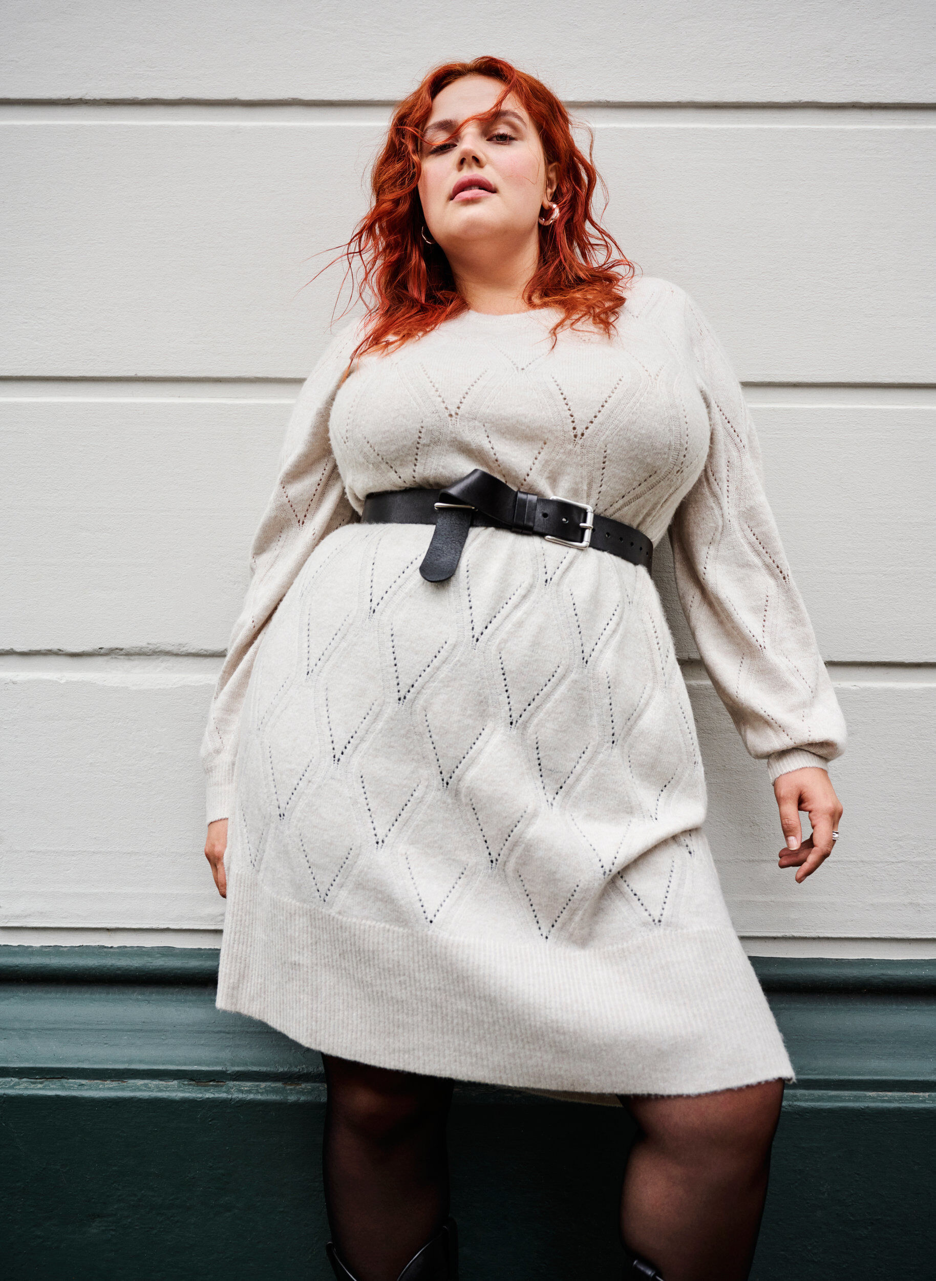 Zizzi Lang&aelig;rmet strikkjole med hulm&oslash;nster, Birch Mel., Image image number 0