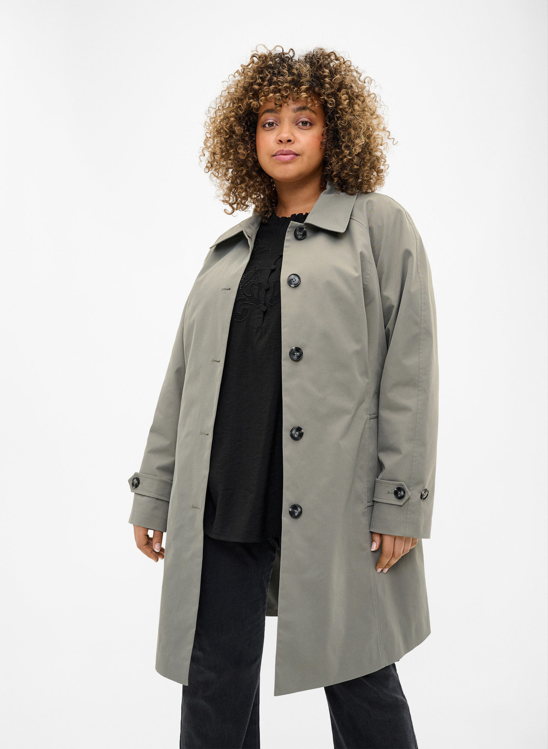 Zizzi Trenchcoat med lommer og b&aelig;lte, Sea Spray, Model image number 2