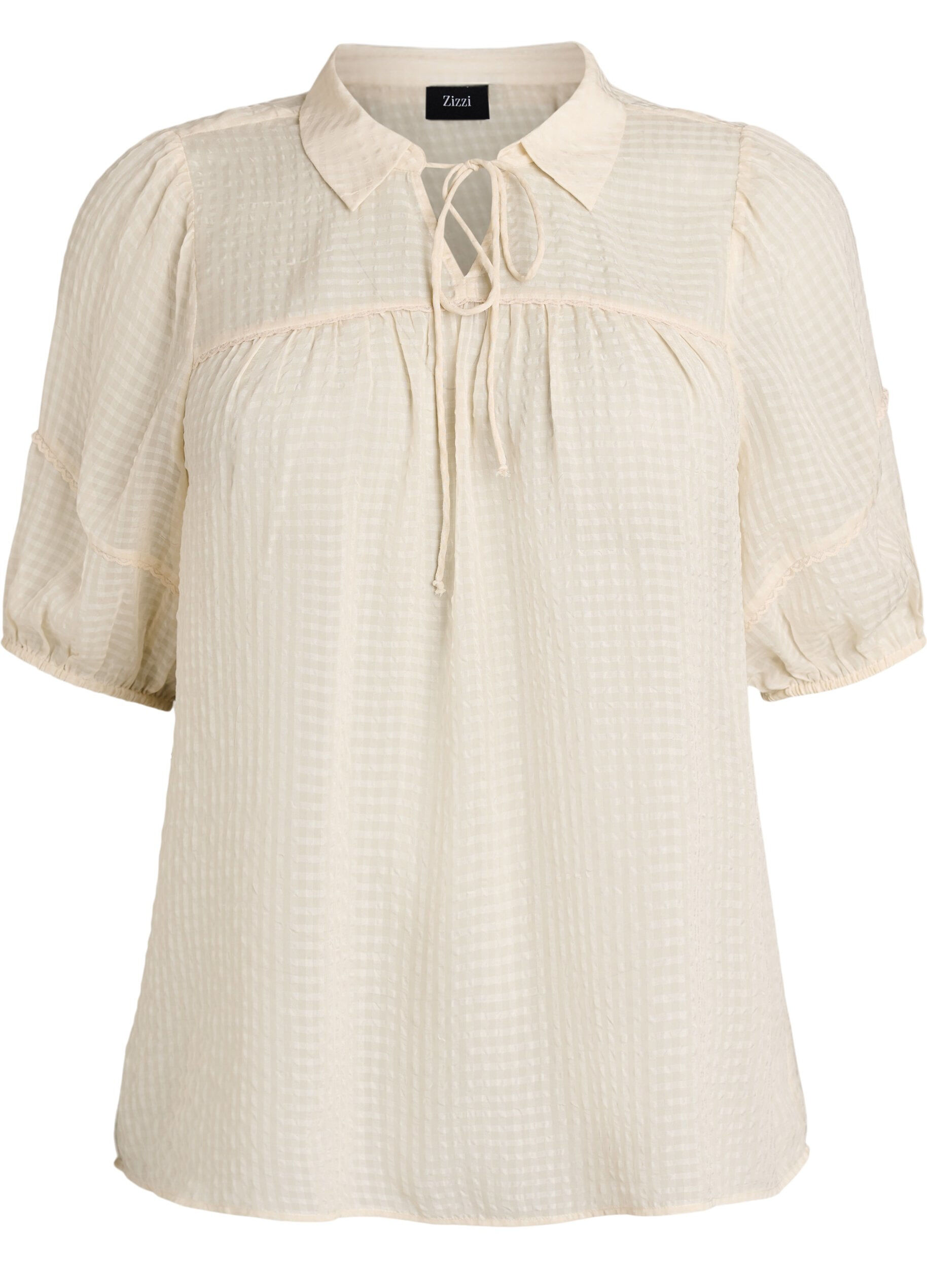 ZizziBluse i b&aelig;k og b&oslash;lge med bindeb&aring;nd, Beige, Packshot image number 0