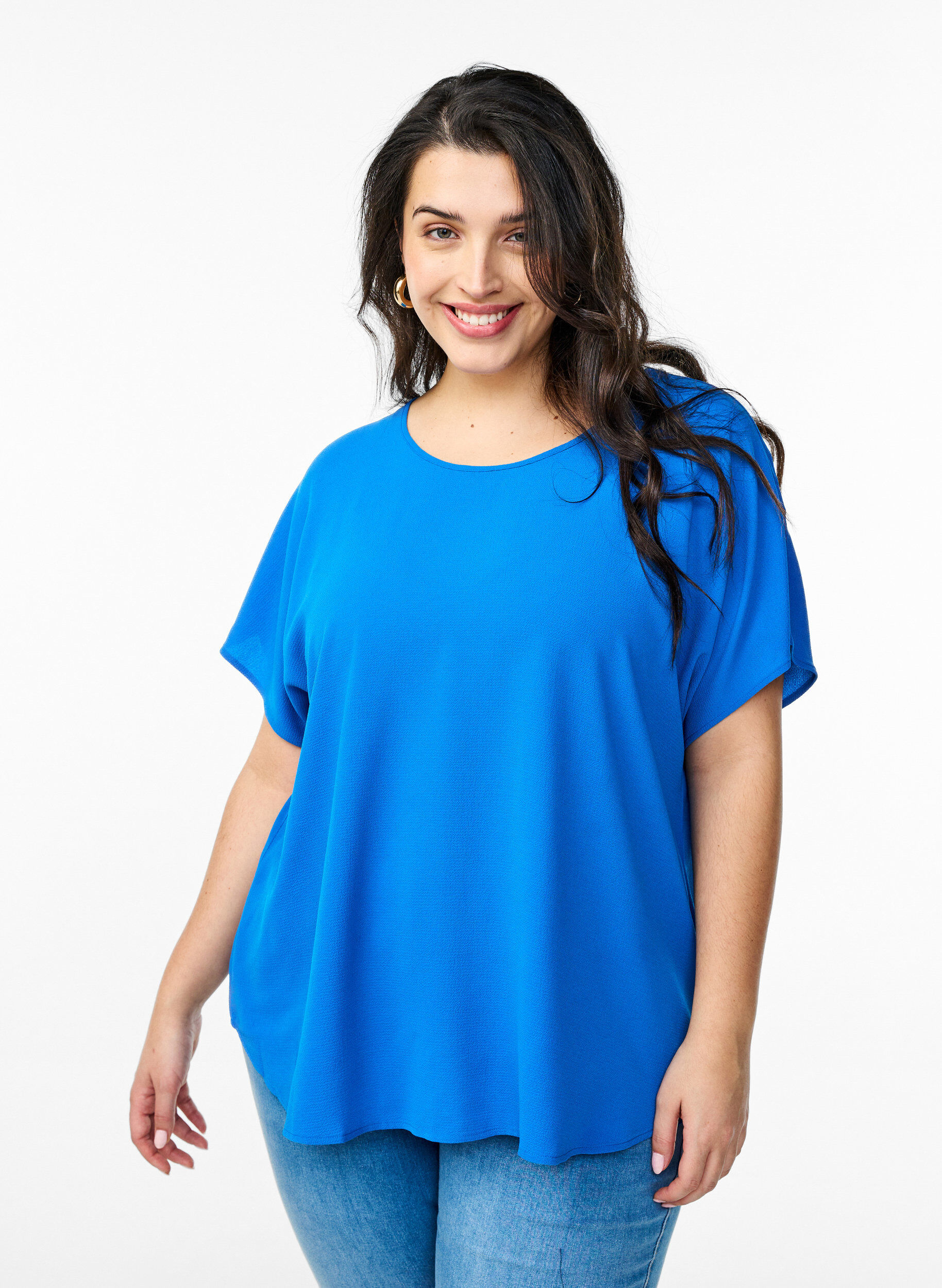 ZizziBluse med korte &aelig;rmer og rund halsudsk&aelig;ring, Bl&aring;, Model image number 0