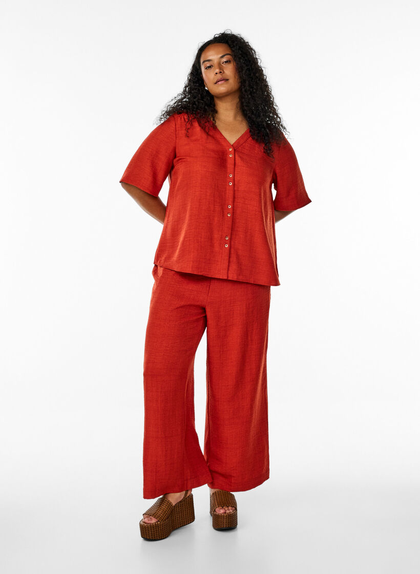 Skjortebluse med v-hals og korte &aelig;rmer, R&oslash;d, Model image number 1