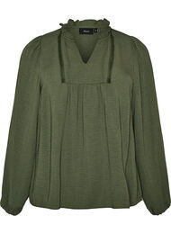 Bluse med V-udsk&aelig;ring og crochetb&aring;nd, Gr&oslash;n