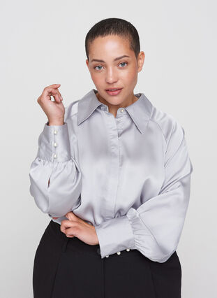 Skjorte med ballonærmer og krave, Light Grey, Model image number 0