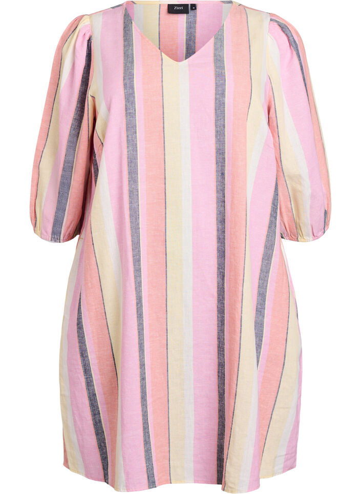 Kort kjole i h&oslash;r og viskose med 3/4 &aelig;rmer, Gul, Packshot image number 0