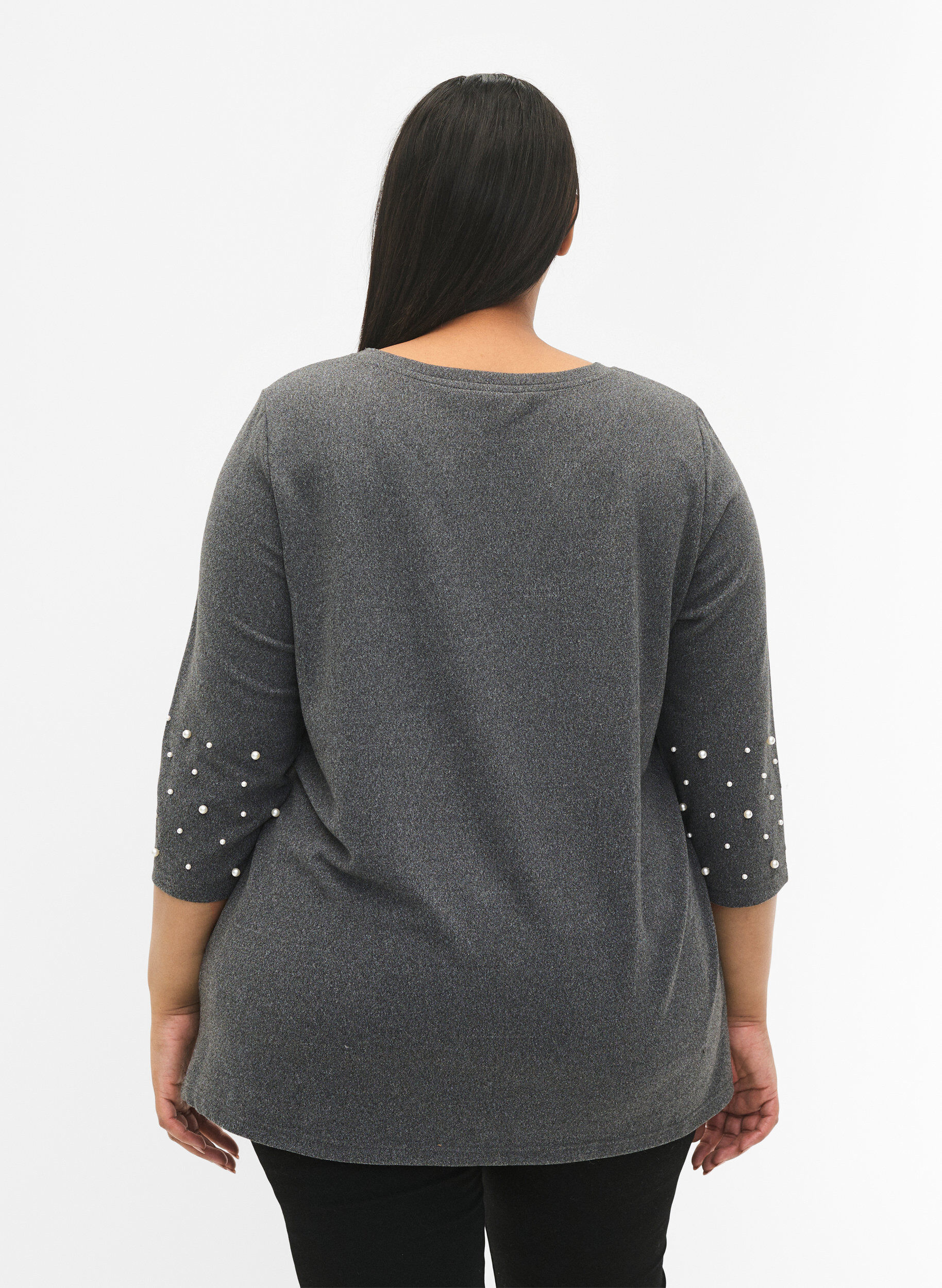 Zizzi Bluse med perler og 3/4 &aelig;rmer, Dark Grey Melange, Model image number 1