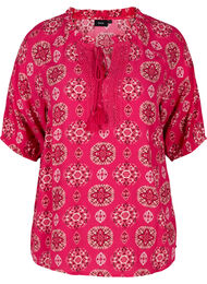 Printet viskose bluse med 3/4 ærmer, Pink Indian 