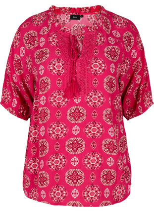 Printet viskose bluse med 3/4 ærmer, Pink Indian , Packshot image number 0