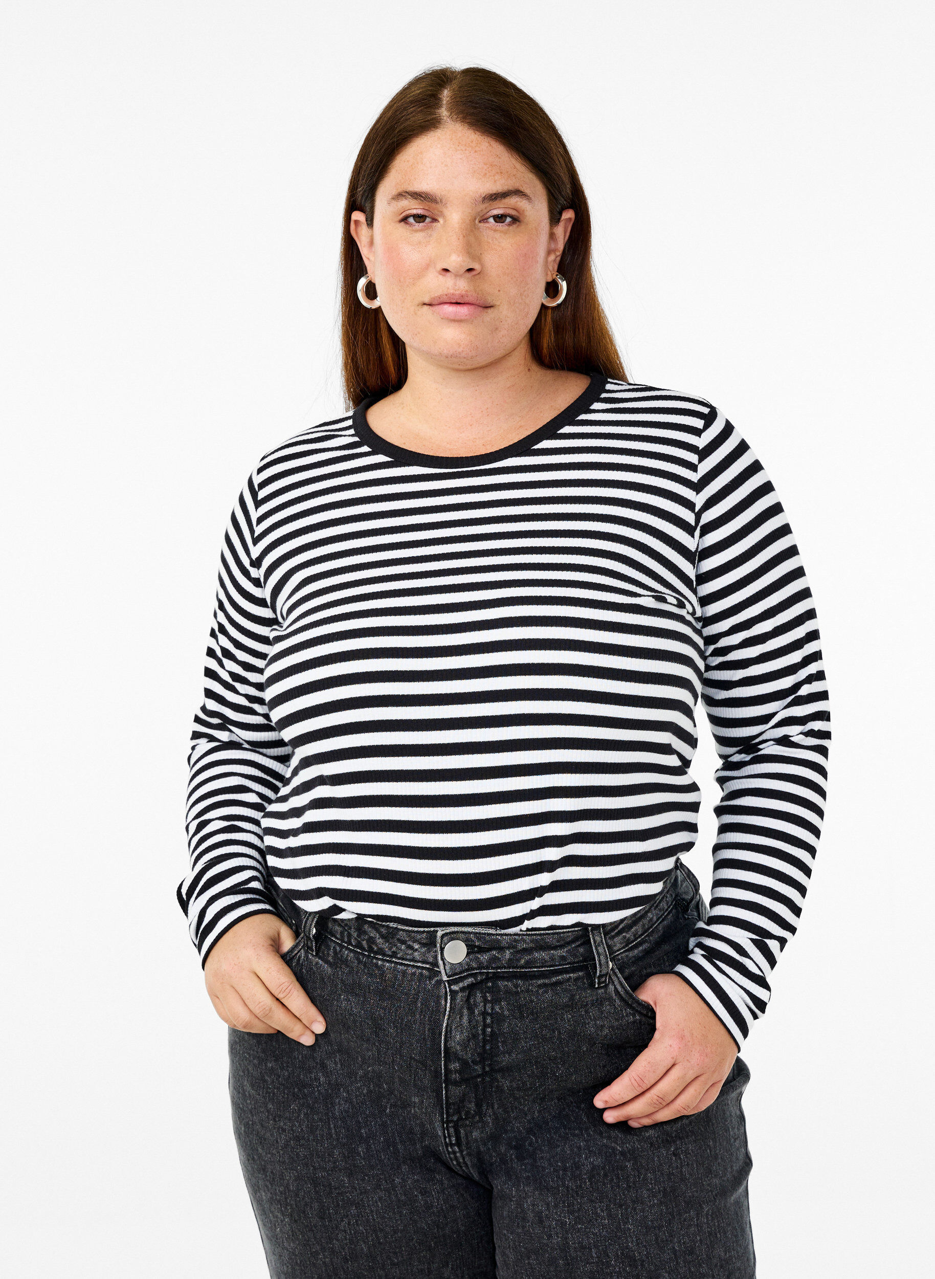 ZizziStribet bluse med lange &aelig;rmer, Sort, Model image number 0