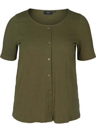 Kortærmet rib t-shirt med knapper, Ivy Green , Packshot image number 0