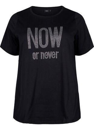 T-shirt med nitter i økologisk bomuld, Black NOW or never, Packshot image number 0