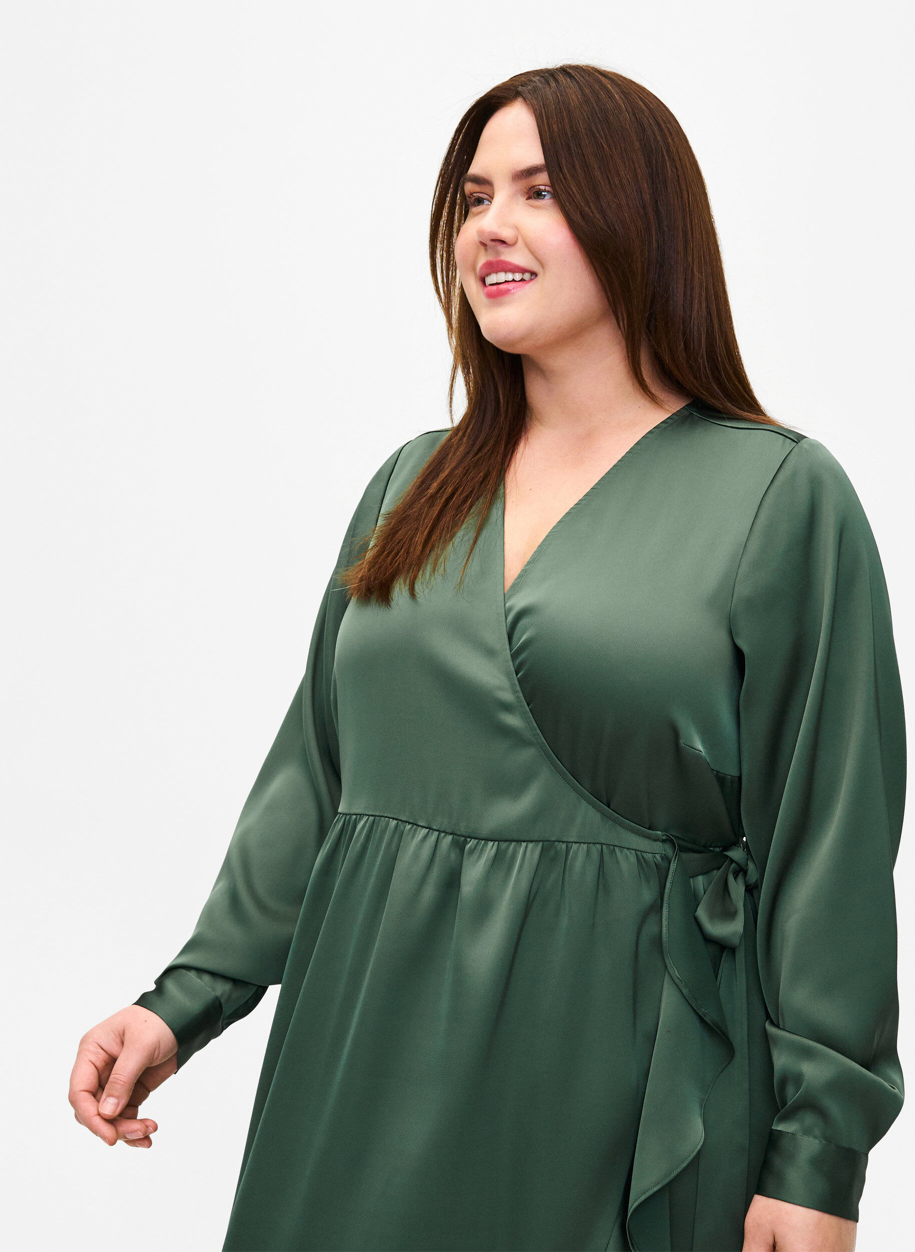 Zizzi Lang&aelig;rmet sl&aring;-om kjole i satin, Duck Green, Model image number 2