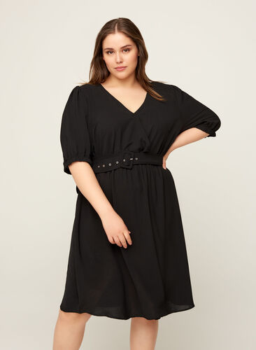 Kortærmet kjole med bælte, Black, Model image number 0