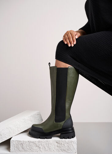 Wide fit læderstøvle lang skaft og elastik - Grøn - Zizzi