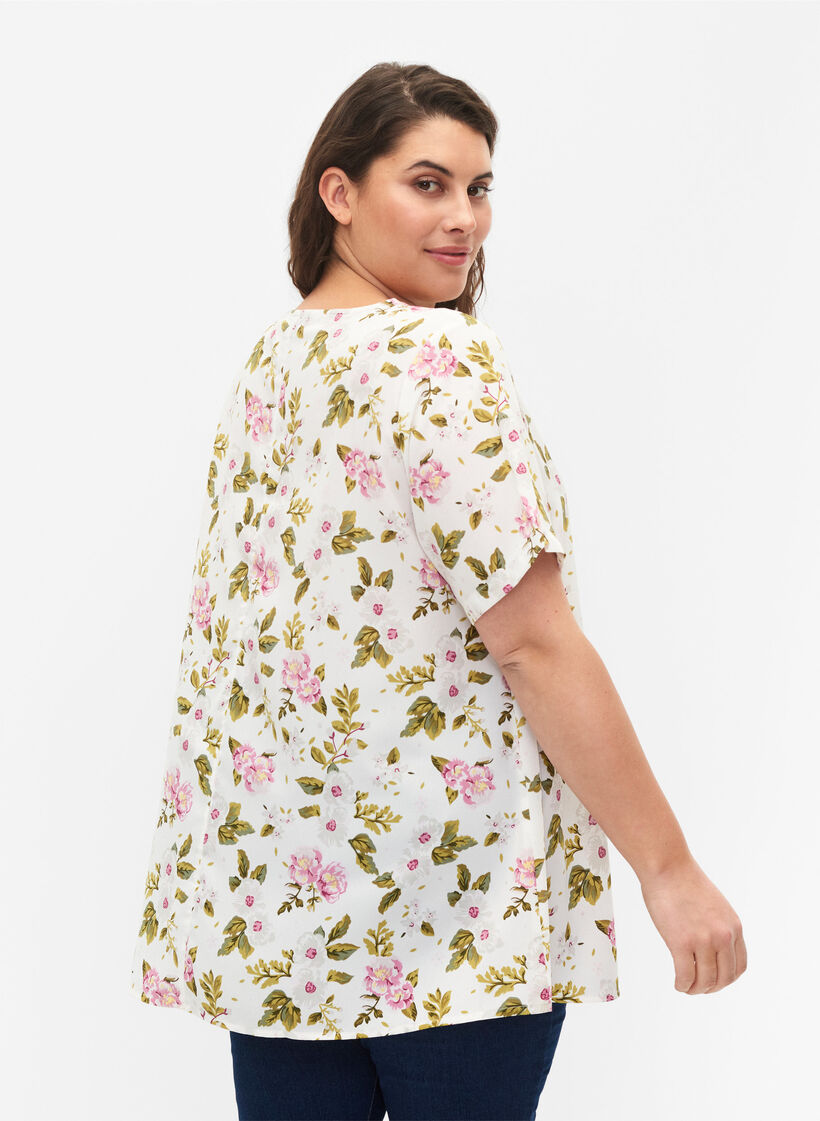 FLASH - Bluse med korte ærmer og print, Off White Flower, Model image number 1