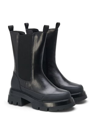 Wide fit læderstøvle med chunky sål, Black, Packshot image number 1