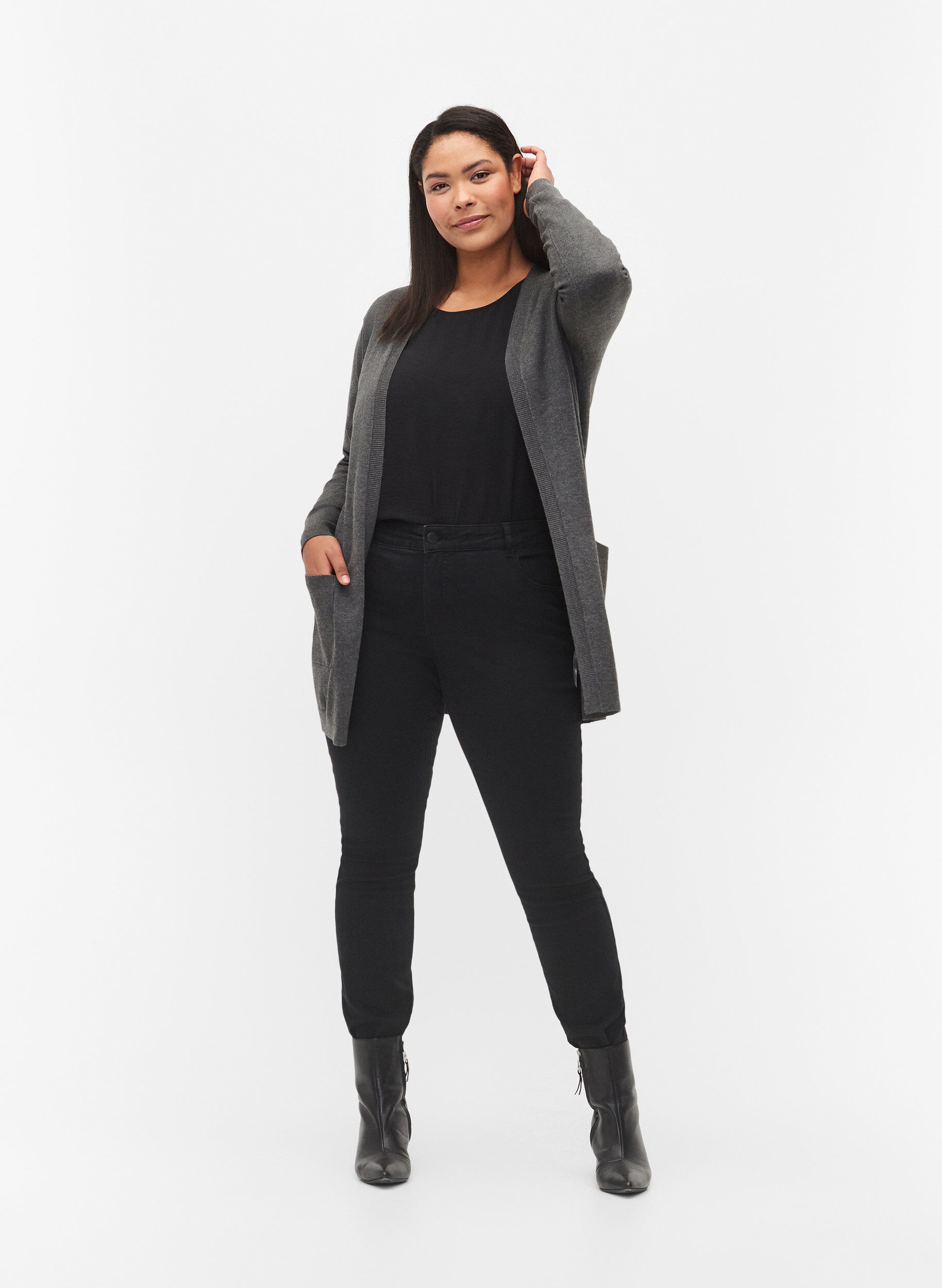 Zizzi Lang strikcardigan i viskosemix., Gr&aring;, Model image number 1