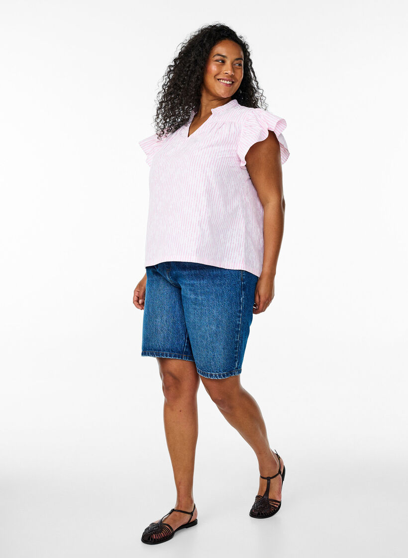 Ærmeløs bluse med striber og blomsterprint, Lyserød, Model image number 1