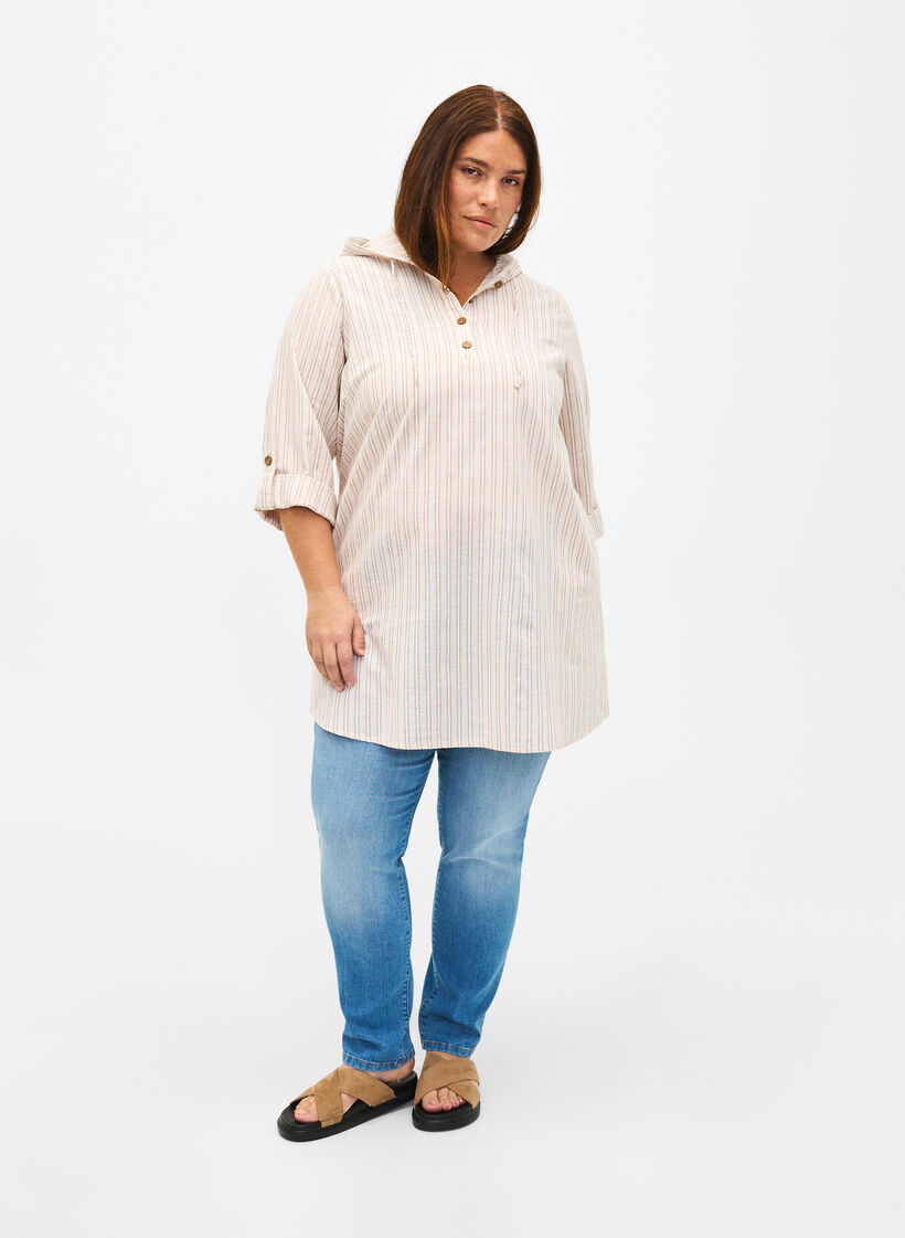 Tunika med hætte i bomuld og hør , Wh. Sandshell Stripe, Model image number 3