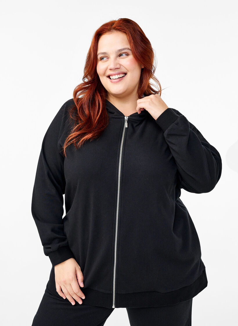 Sweatcardigan med h&aelig;tte og lommer, Sort, Model image number 0