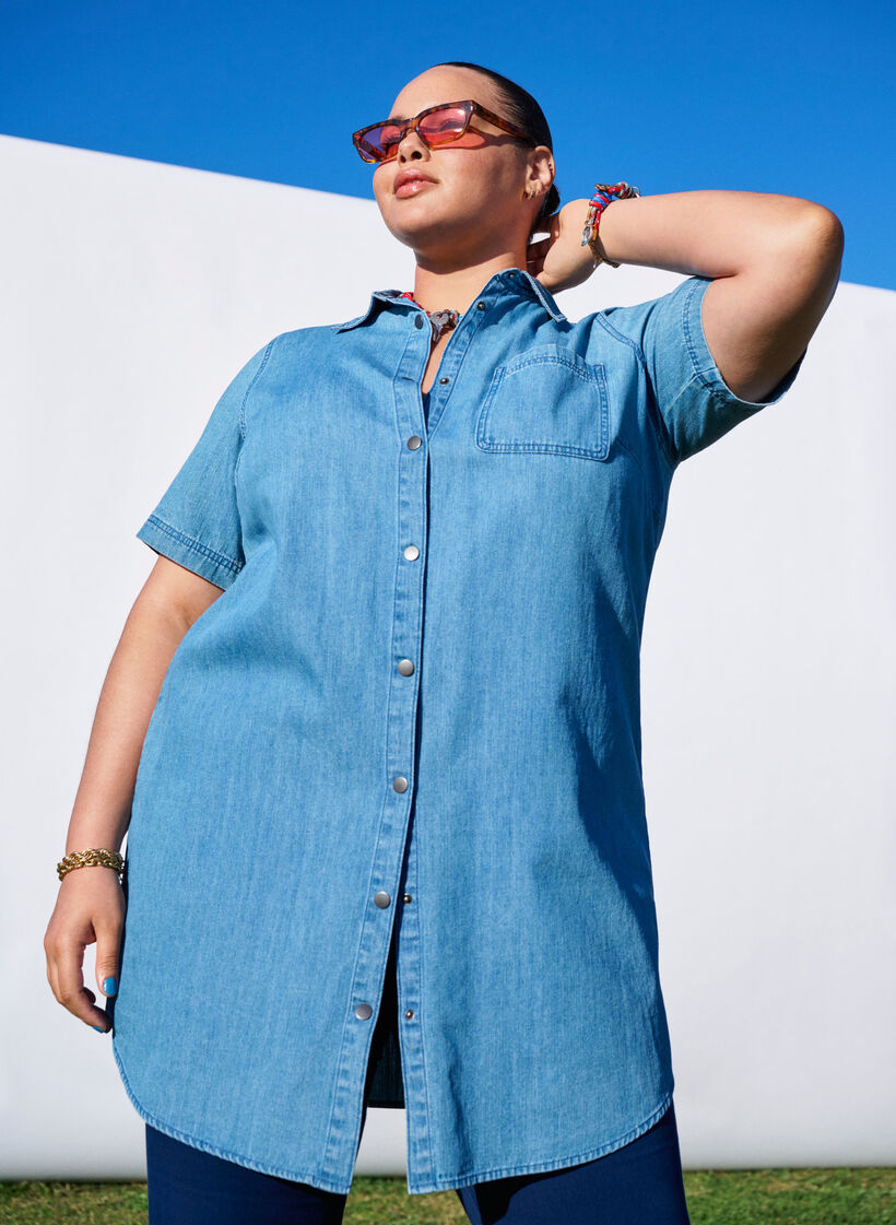 Denim skjortekjole med korte &aelig;rmer, Bl&aring;, Image image number 0