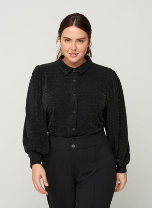 Skjorte med glimmer og pufærmer, Black, Model image number 0