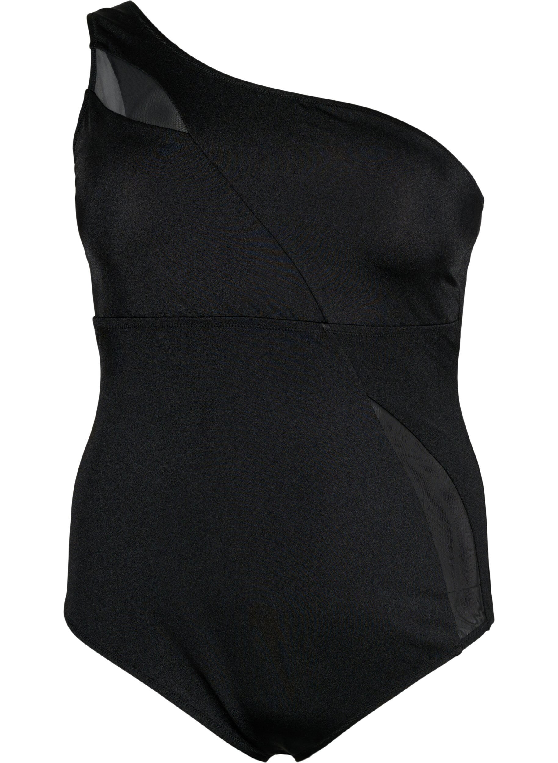 Zizzi One-shoulder badedragt med meshdetaljer, Black, Packshot image number 0