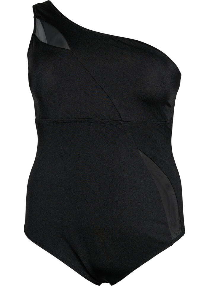 One-shoulder badedragt med meshdetaljer, Black, Packshot image number 0