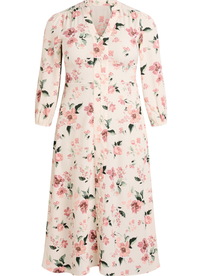 Midikjole med smock og dekorative knapper, Beige, Packshot image number 0