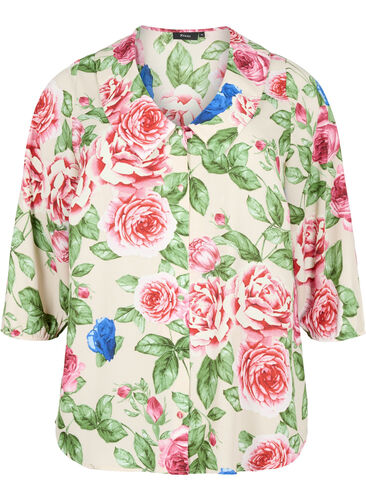 Blomstret skjorte med 3/4 ærmer, Bright Flower, Packshot image number 0