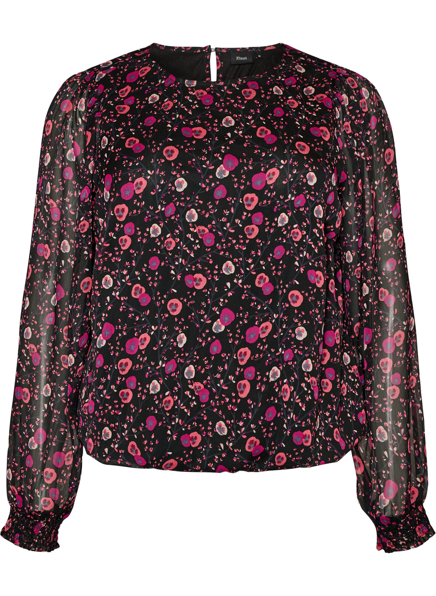 ZizziBlomstret chiffonbluse med transparente &aelig;rmer, Sort, Packshot image number 0