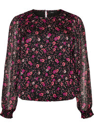 Blomstret chiffonbluse med transparente &aelig;rmer, Sort