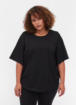Bomulds bluse med brede 2/4 ærmer, Black, Model image number 0