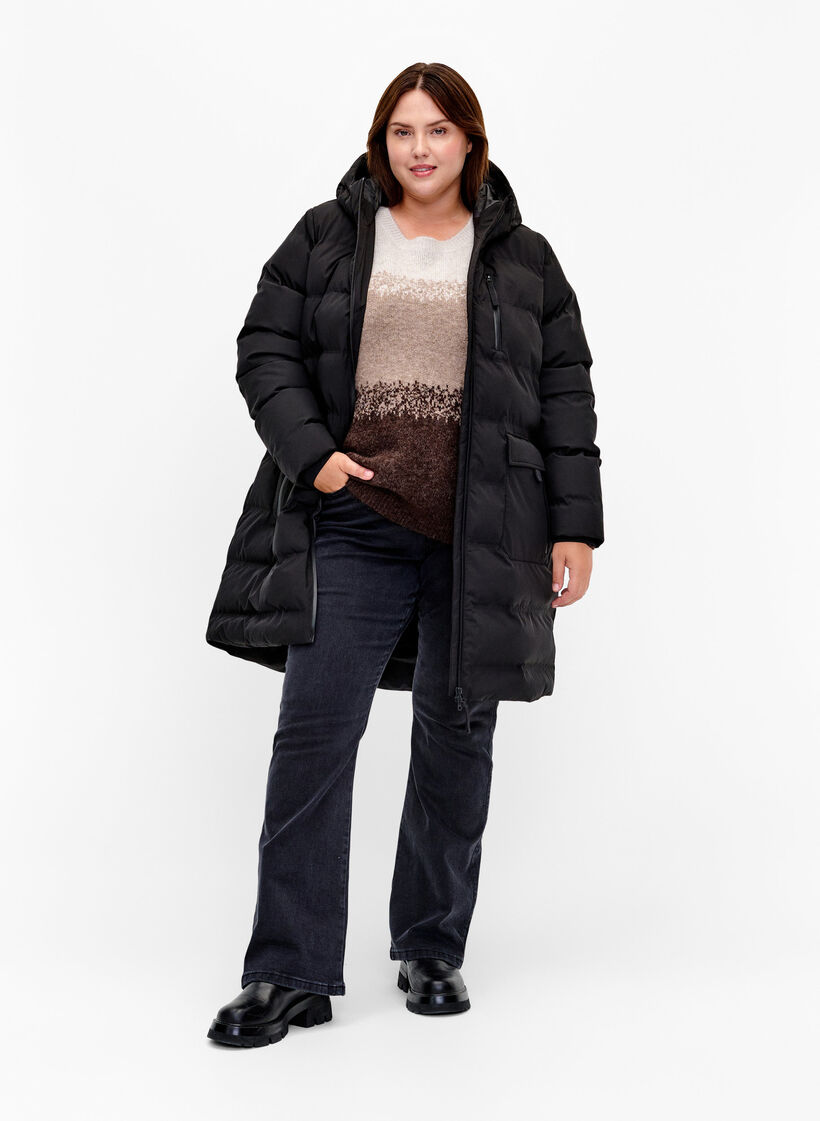 Pufferfrakke med h&aelig;tte og lommer, Sort, Model image number 1