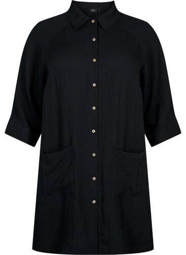 Lang viskoseskjorte med lommer og 3/4 ærmer, Black, Packshot image number 0